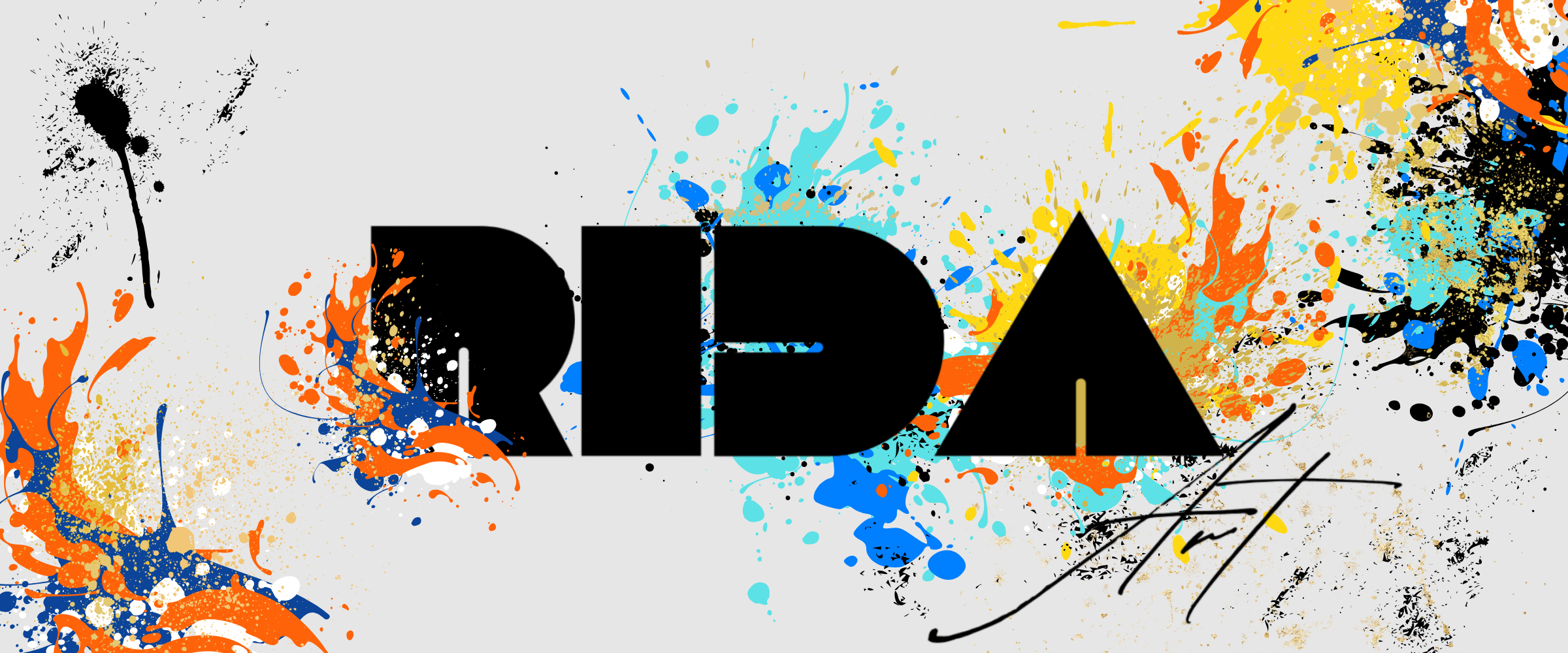 Colorful graffiti-style art spelling out "RIDA" with splatters of orange, blue, yellow, and black paint on a white background.