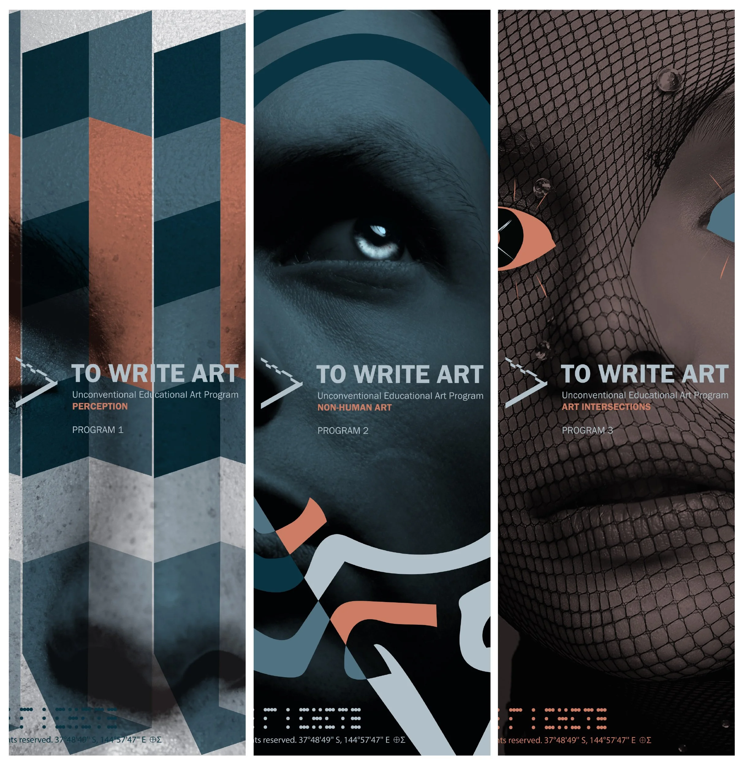 A triptych of digital artwork featuring abstract images and themes. The first panel shows geometric shapes with textured surfaces in shades of blue and orange. The second panel depicts a close-up of a human eye with surrounding skin and a dark background. The third panel features a textured surface resembling fishnet or mesh with small water droplets and an eye illustration overlay. All panels contain the text 'TO WRITE ART' and reference an unconventional educational art program, with additional labels: 'PERCEPTION', 'NON-HUMAN ART', and 'ART INTERSECTIONS', along with geographic coordinates at the bottom.