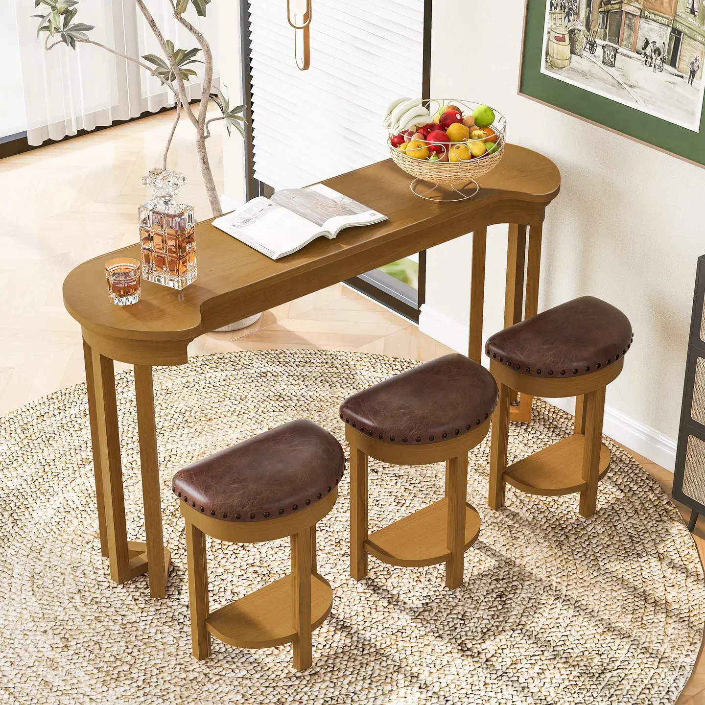 4-Piece Bar Table Set with 3 Upholstered Stools, Natural