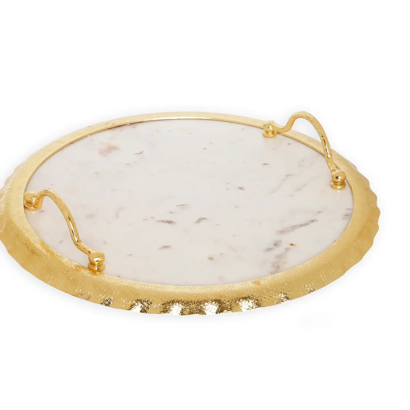 Round Marble Tray with Gold Edge and Handles