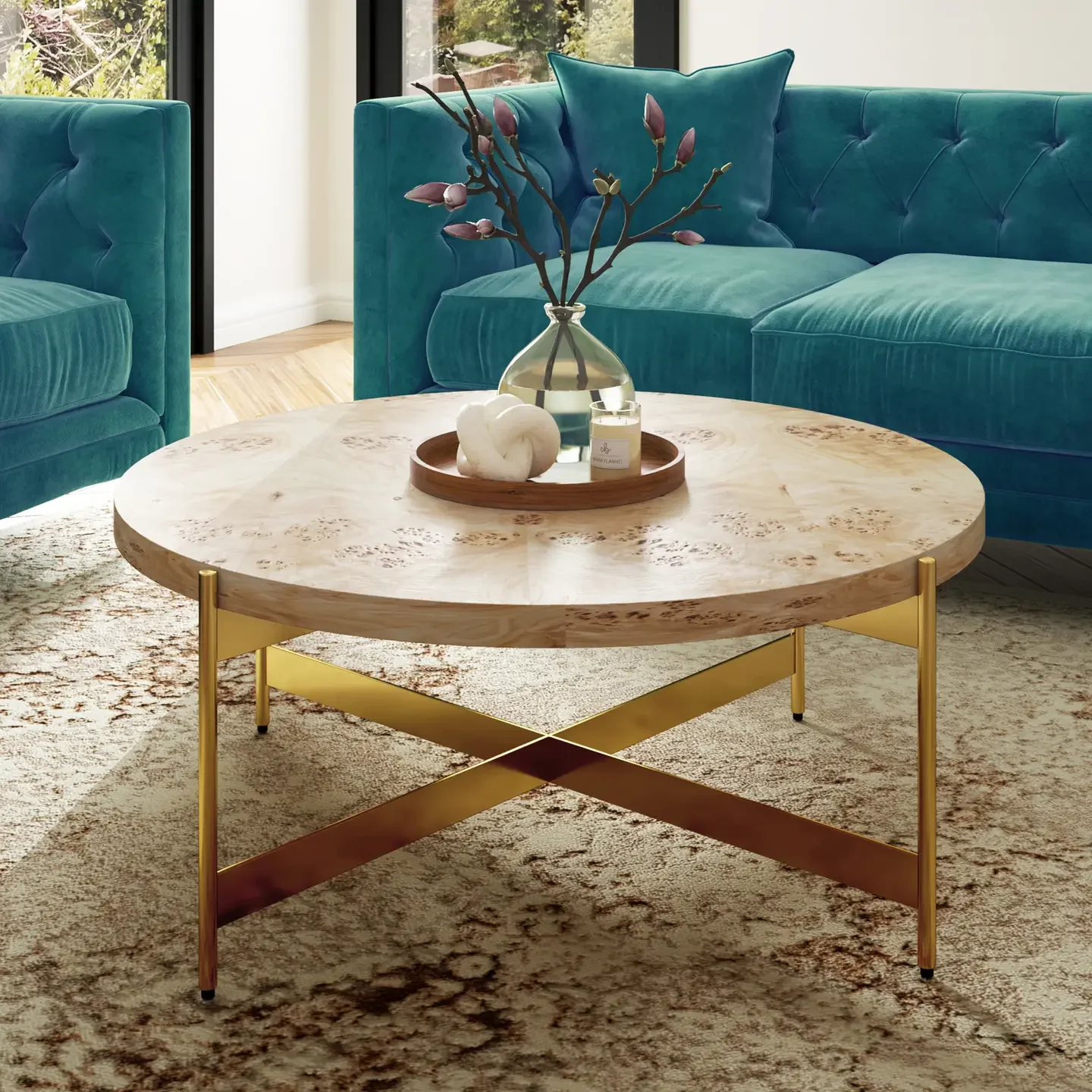 Handcrafted Burl Wood Round Coffee Table Gold Metal Base