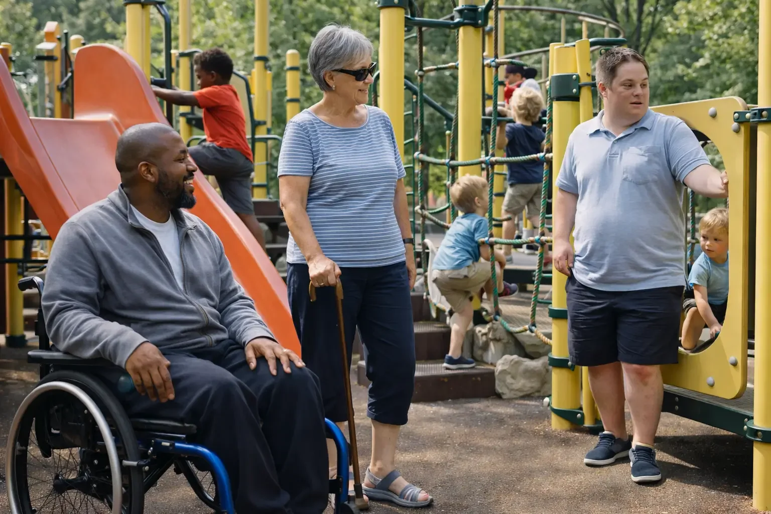 People enjoying time at a playground with children climbing and playing, an elderly woman with a cane smiling, an African American man in a wheelchair, and a young man standing near a yellow playground frame.