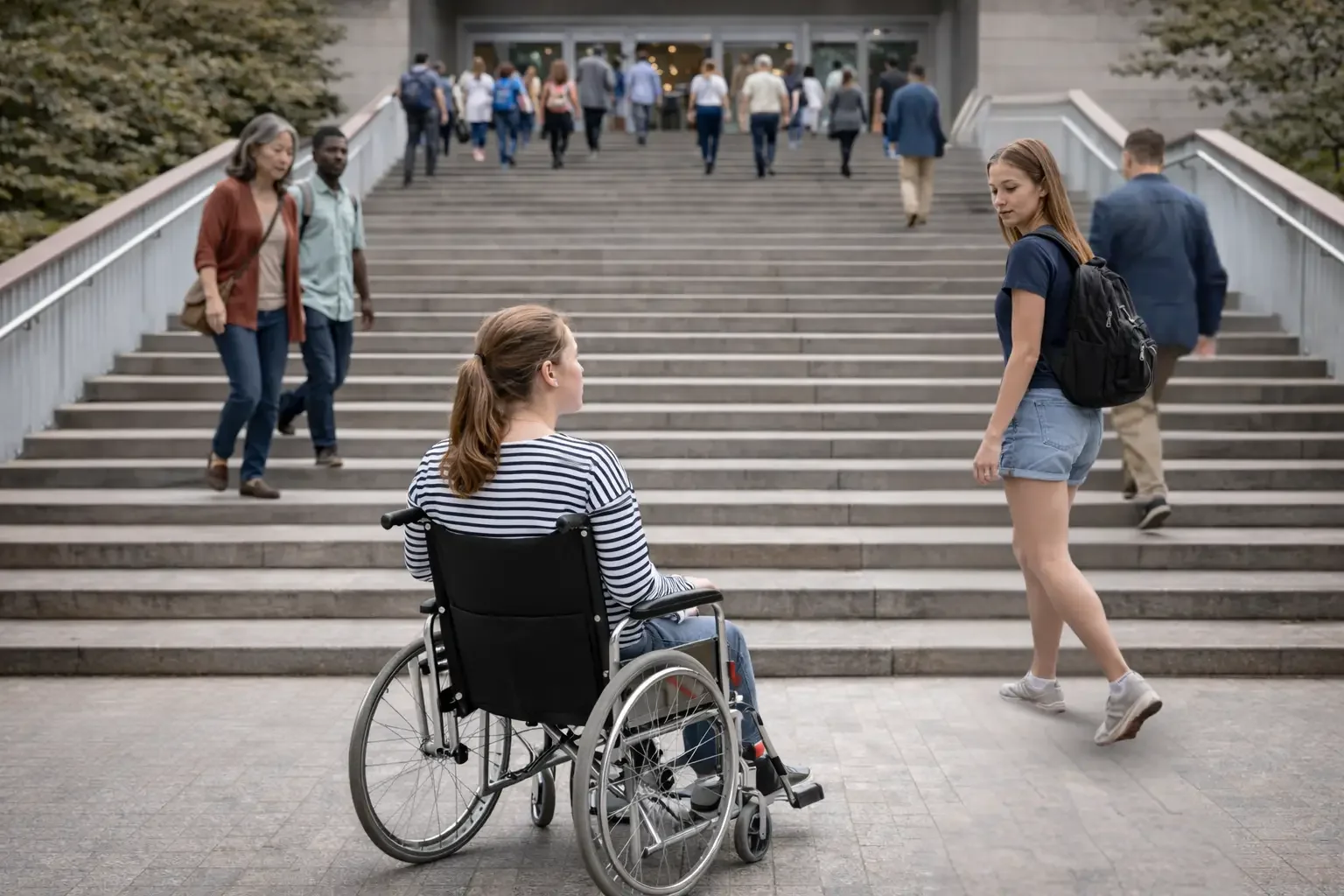 A young woman in a wheelchair and a young woman with a backpack standing on the sidewalk near a staircase, with several people walking up and down the stairs outside a building.