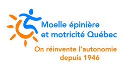 Logo of Moelle épinière et motricité Québec with a stylized figure in blue and orange, and the text 'On réinvente l'autonomie depuis 1946'.