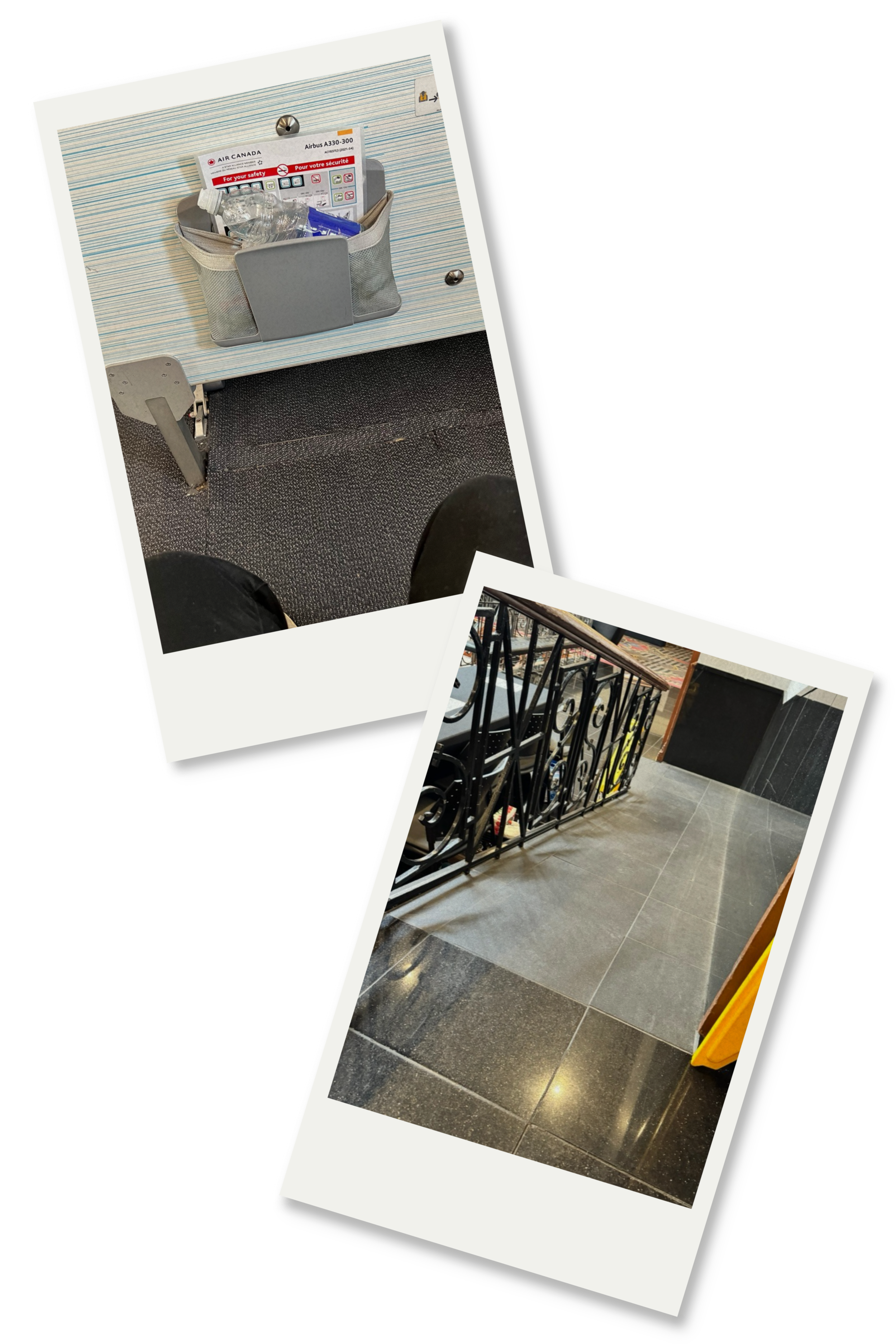First photo: airplane tray table with a water bottle, an in-flight magazine, and a small bag. Second photo: indoor floor with a metal railing, glossy tiles, and a yellow caution sign.