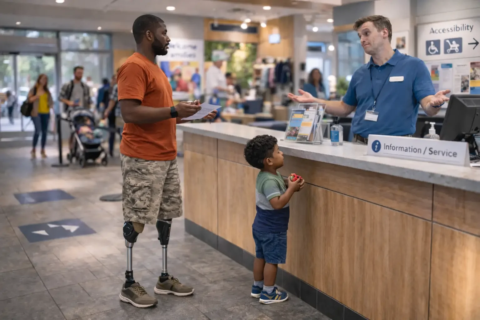 A man with a prosthetic leg, wearing a red t-shirt and camouflage shorts, standing next to a young boy with curly hair, who is holding a small toy, as they speak with a service clerk at a reception desk in a busy building lobby.