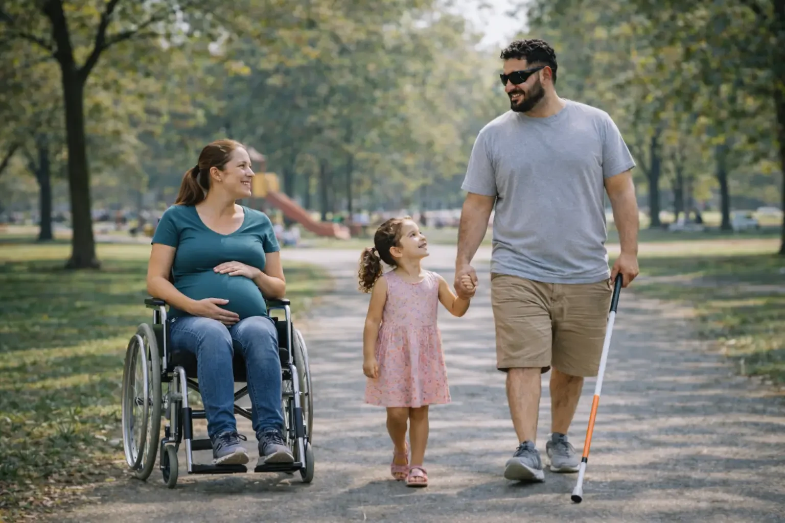Family walking in a park, with a pregnant woman in a wheelchair, a young girl, and a man with a cane.