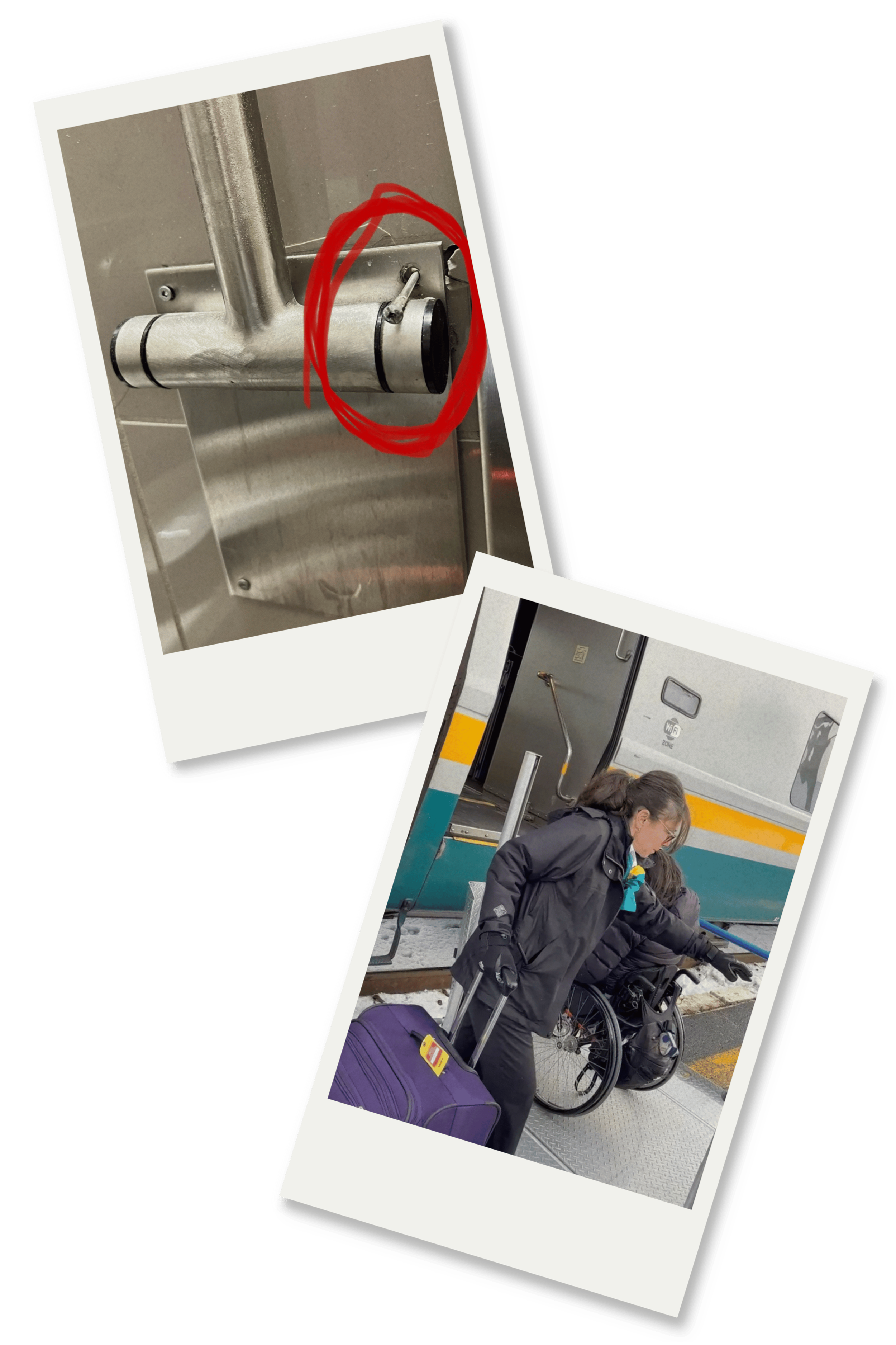 Two Polaroid-style photos, one shows a close-up of a metal pipe connection with a red circle around a part, the other depicts a person in winter clothing with a purple suitcase exiting a train, with another person in a wheelchair nearby.
