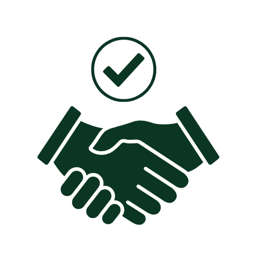 Dark green handshake icon with a check mark above it on a white circular background, representing building solutions.