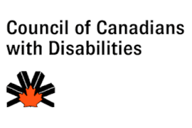Text reads 'Council of Canadians with Disabilities' alongside a logo of a black and orange maple leaf with radiating black lines.
