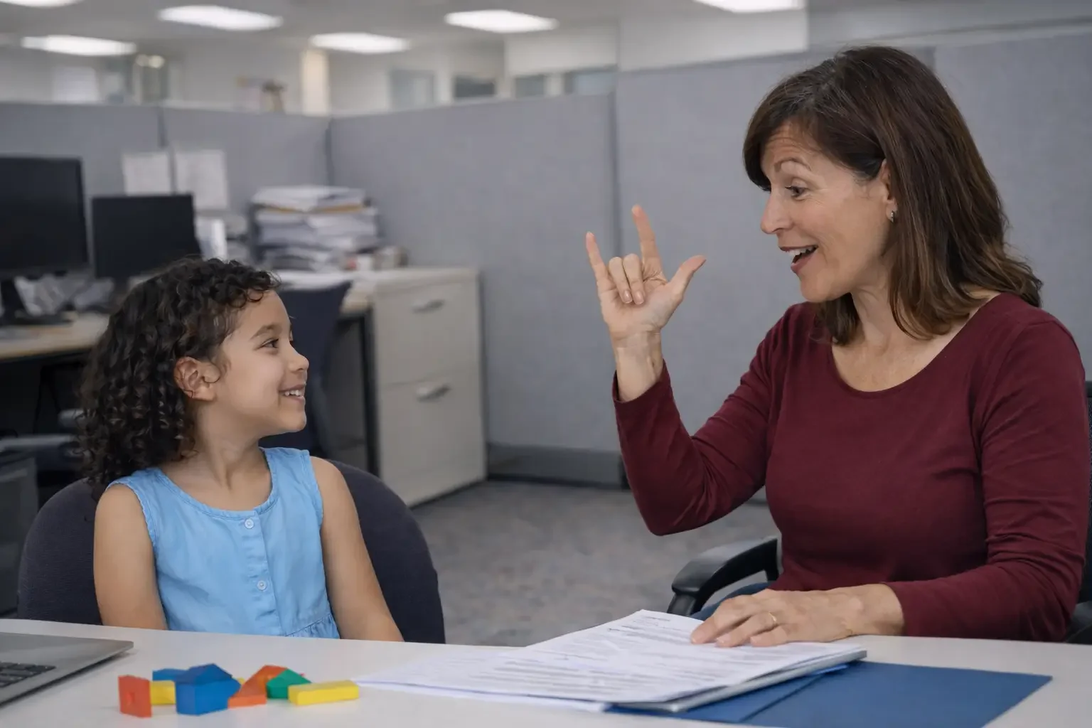 A young girl and an adult woman, likely a teacher or caregiver, sitting at a desk in an office setting. They are smiling at each other, engaging in a friendly conversation. The woman is making a gesture with her hand as if explaining something, and there are colorful building blocks and papers on the desk in front of them.