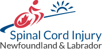 Logo for Spinal Cord Injury New Brunswick & Labrador, featuring a stylized pink and blue figure on a curved surface with a sun or burst symbol above.