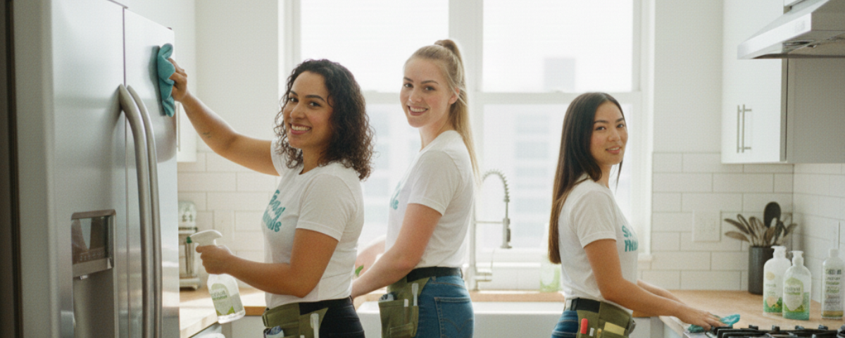 Three women cleaning a kitchen. The woman on the left is wiping the refrigerator, the woman in the middle is holding a spray bottle, and the woman on the right is wiping the countertop. They are all smiling and wearing matching t-shirts.