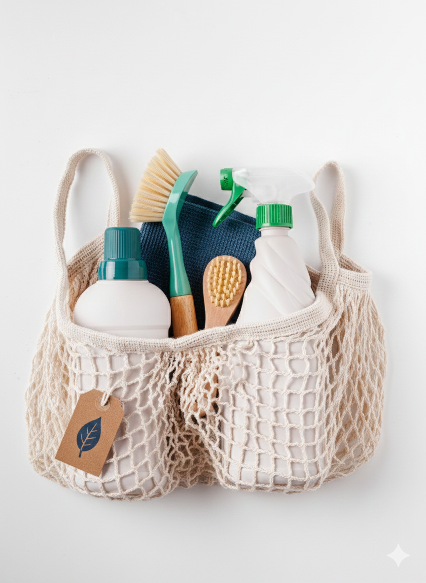 blue themed cleaning supplies and eco friendly