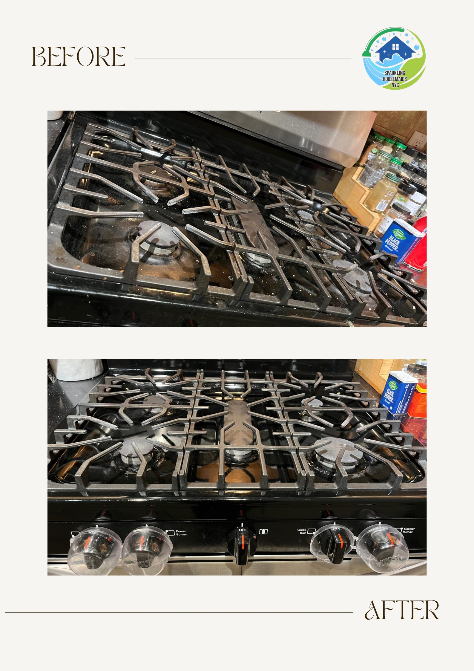 Comparison of two gas stoves before and after cleaning, with the after shot showing a cleaner stove top and knobs.