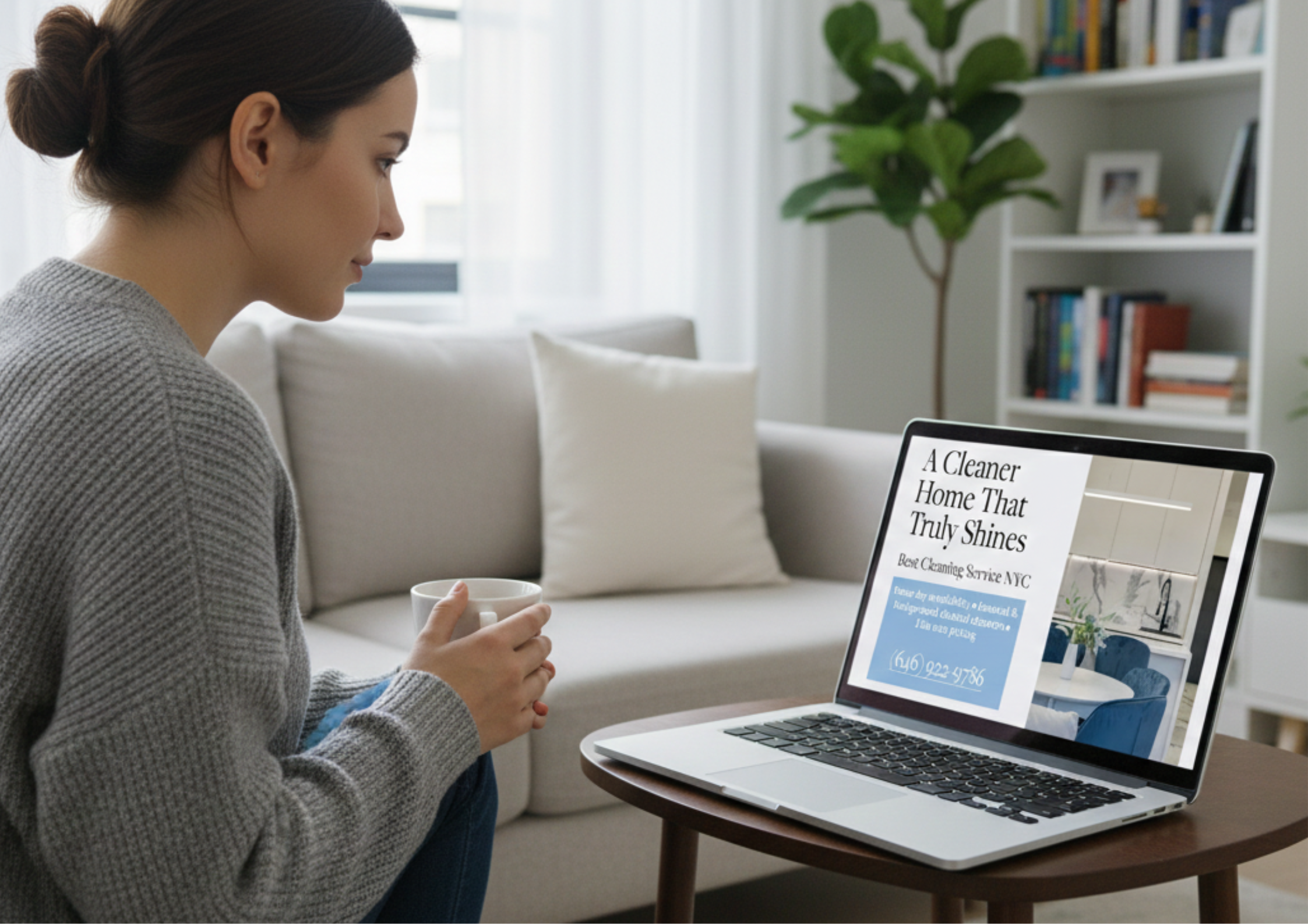 Woman sitting on a sofa holding coffee mug, looking at a laptop with cleaning service advertisement on screen, in a bright living room with bookshelf and large plant.