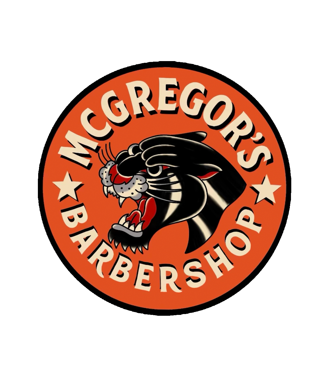 Logo of McGregor's Barbershop featuring a black panther with an angry expression, surrounded by an orange circle with the name 'McGregor's Barbershop' in white text, and stars on both sides.