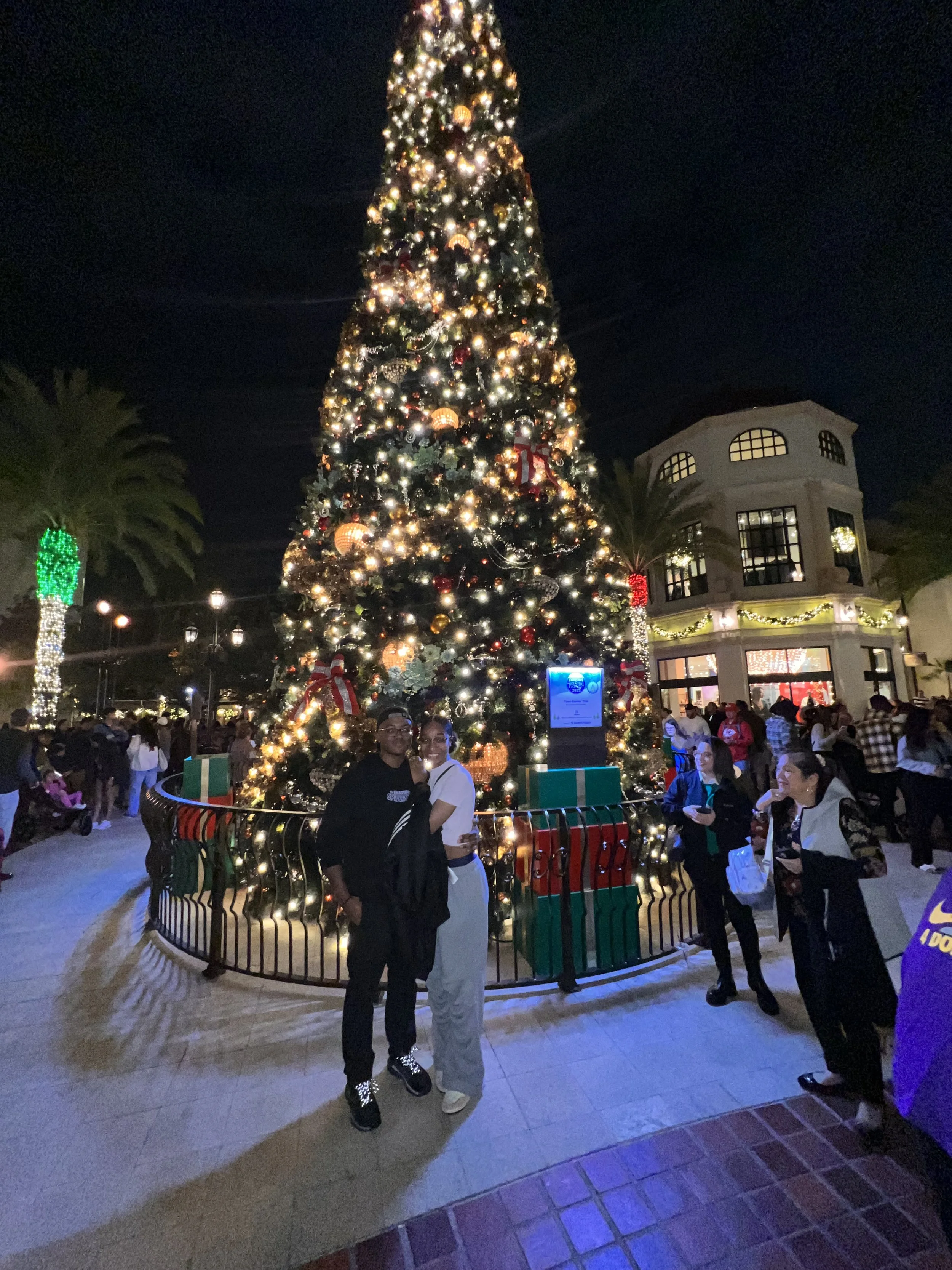 Night scene of a decorated Christmas tree at a festive outdoor event, with people gathered around, some taking photos, and a building illuminated in the background.