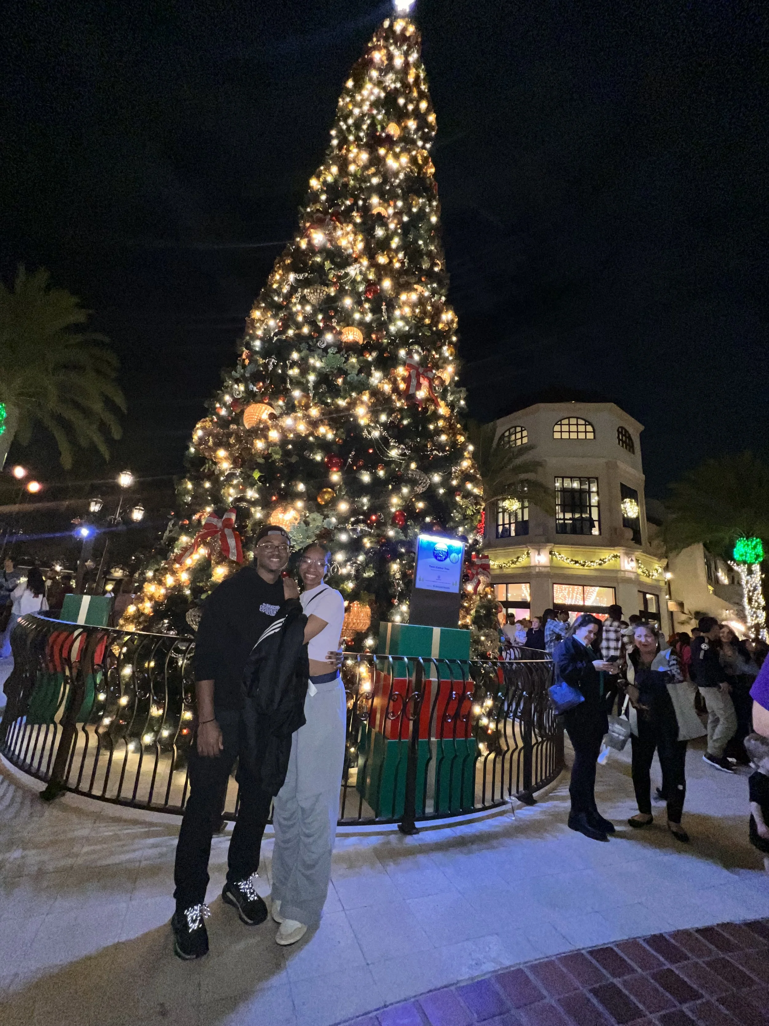 People standing in front of a large decorated Christmas tree at night, with holiday lights and ornaments, surrounded by a small crowd in an outdoor shopping or entertainment area.