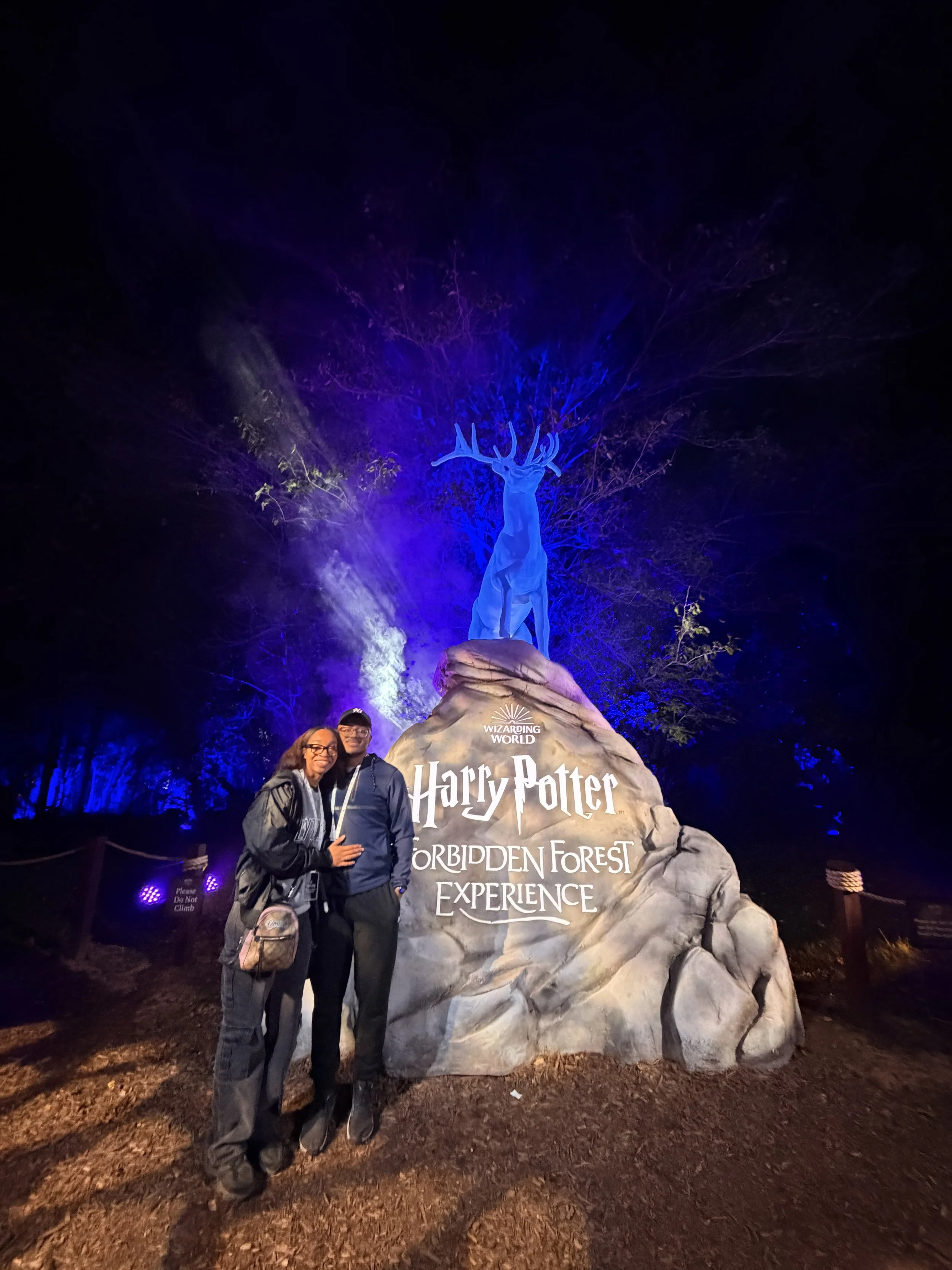 Two people standing in front of a large rock with the sign 'Harry Potter Forbidden Forest Experience' and a blue lit deer sculpture above it, at night.