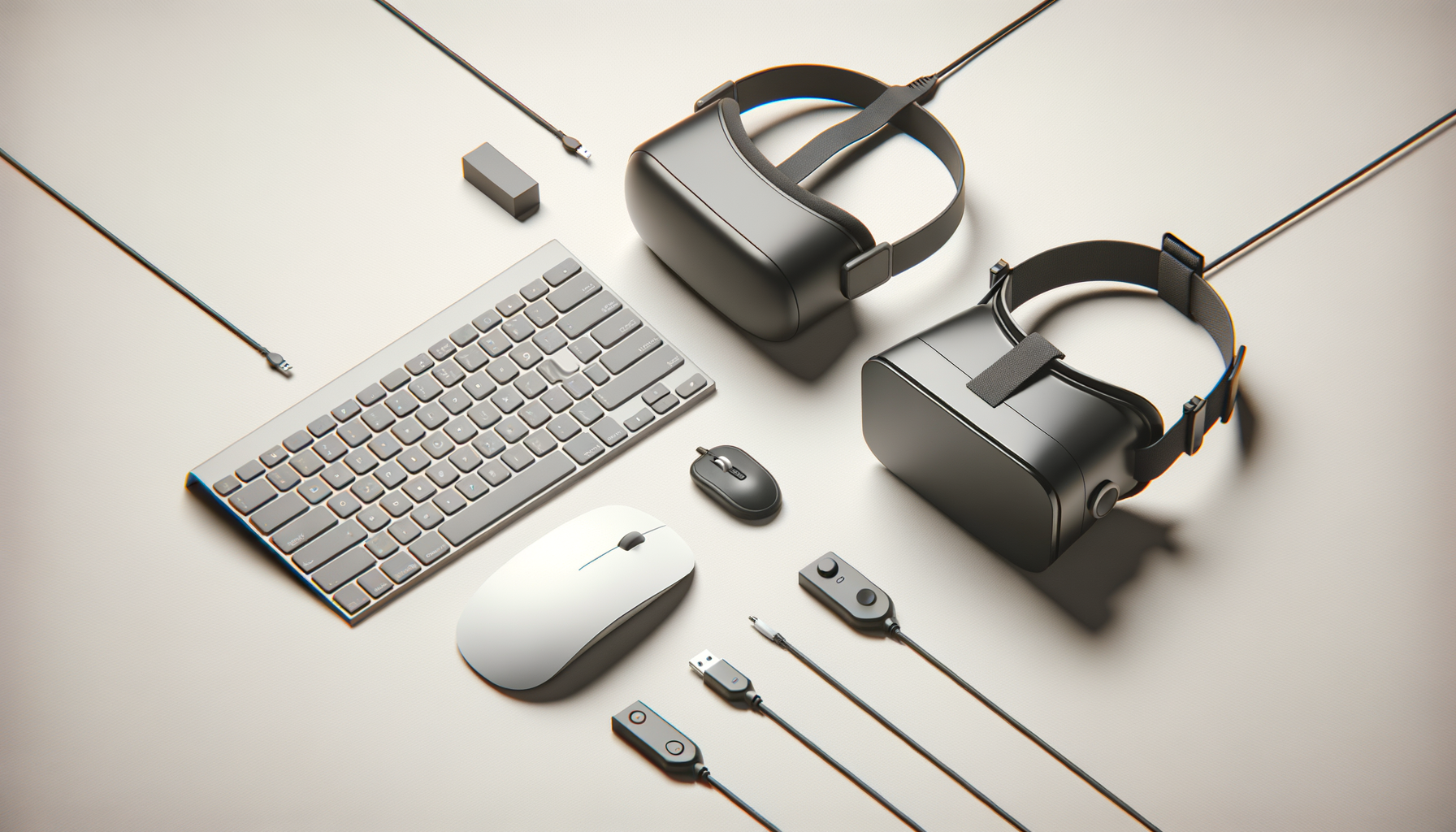 Virtual reality headset, keyboard, mouse, and various cables and controllers on a white surface.