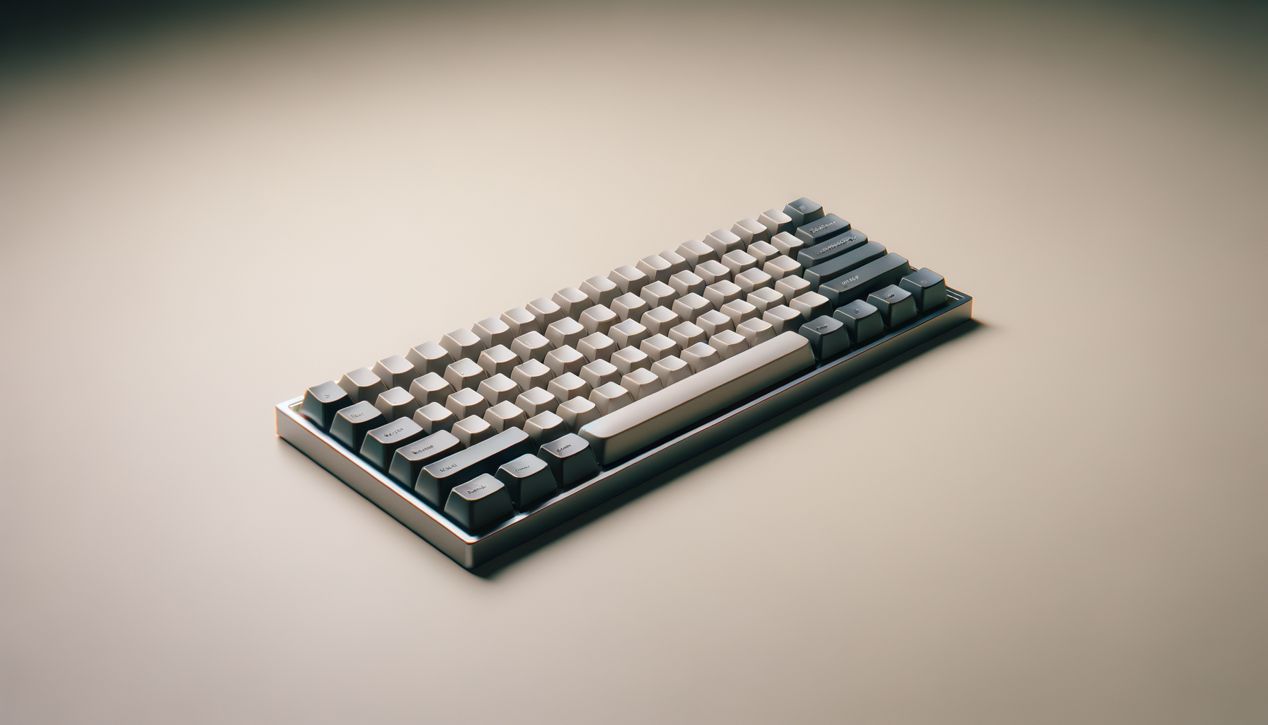 A sleek mechanical keyboard with white keys in the center and black keys on the sides, placed on a plain, light-colored surface.