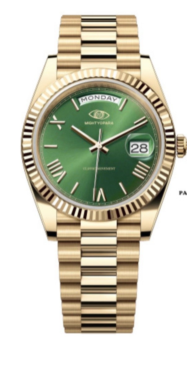 A gold wristwatch with a green dial, displaying the day of the week, date, and time.