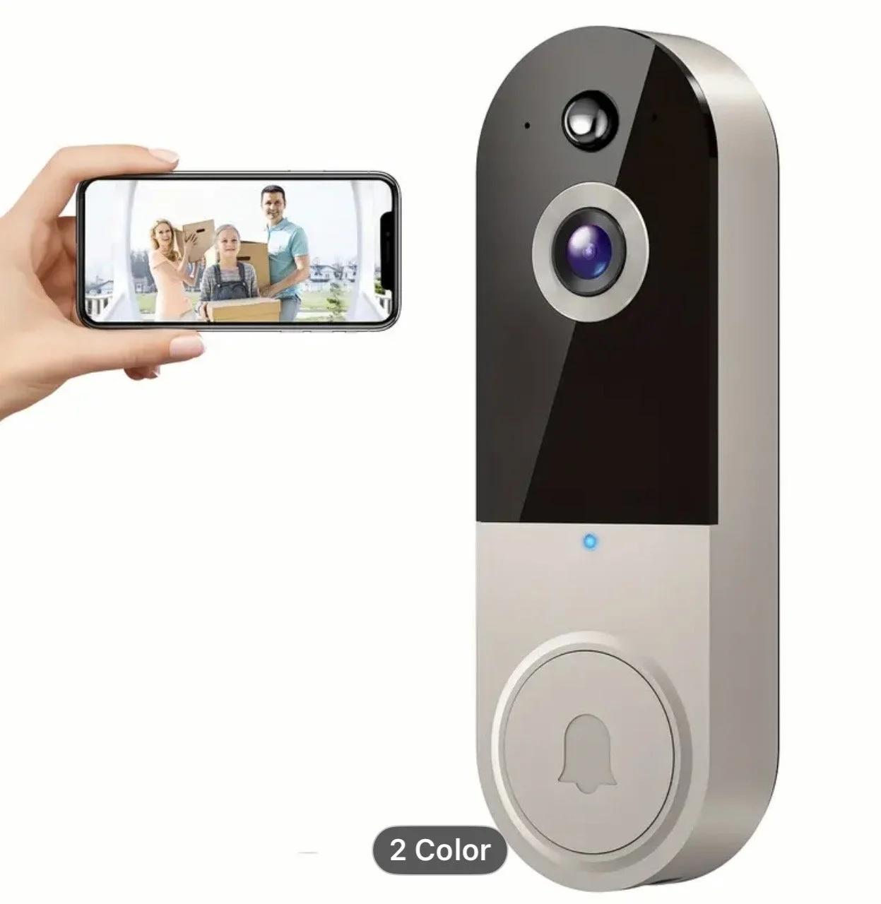 Smart doorbell with camera and motion sensor, showing a person recording a family on smartphone, available in two colors.
