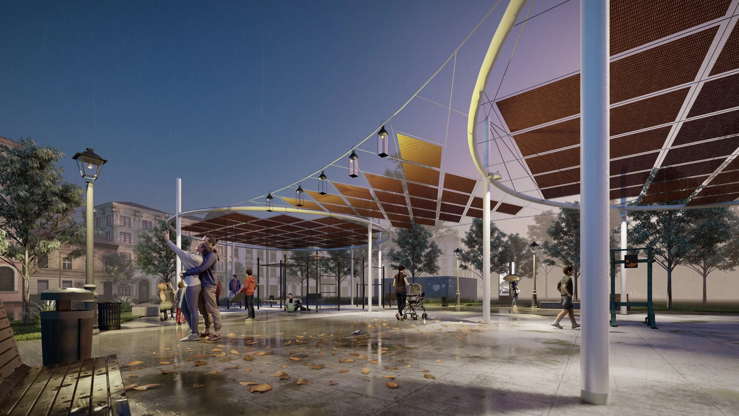 A modern urban park with people enjoying a rainy day, solar panel shaded structures, and trees surrounding the area.