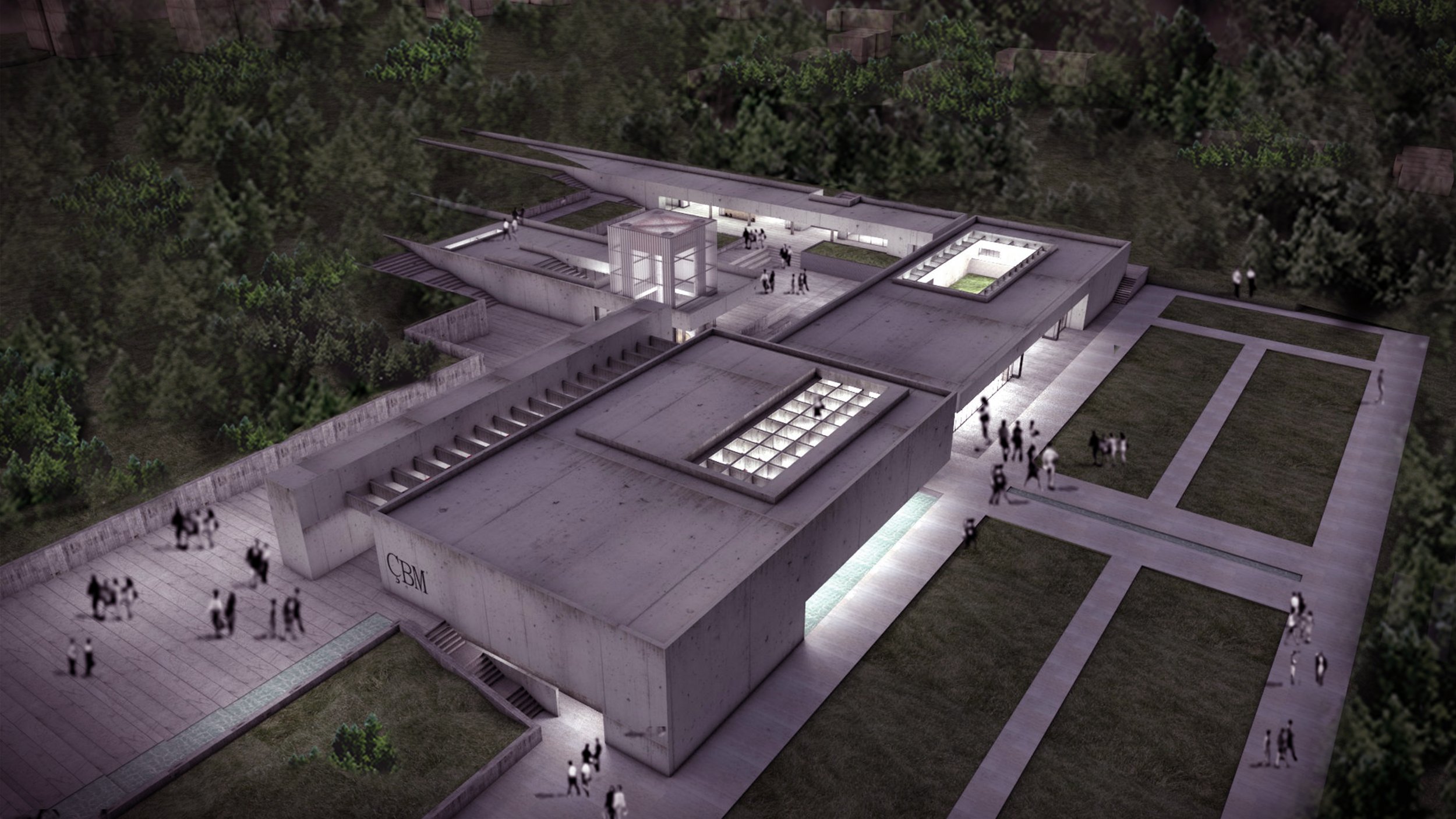 A modern architectural building with multiple rectangular sections, surrounded by walkways, green lawns, and trees. There are people walking and gathering around the structure at night, and the building has illuminated areas with skylights and open courtyards.