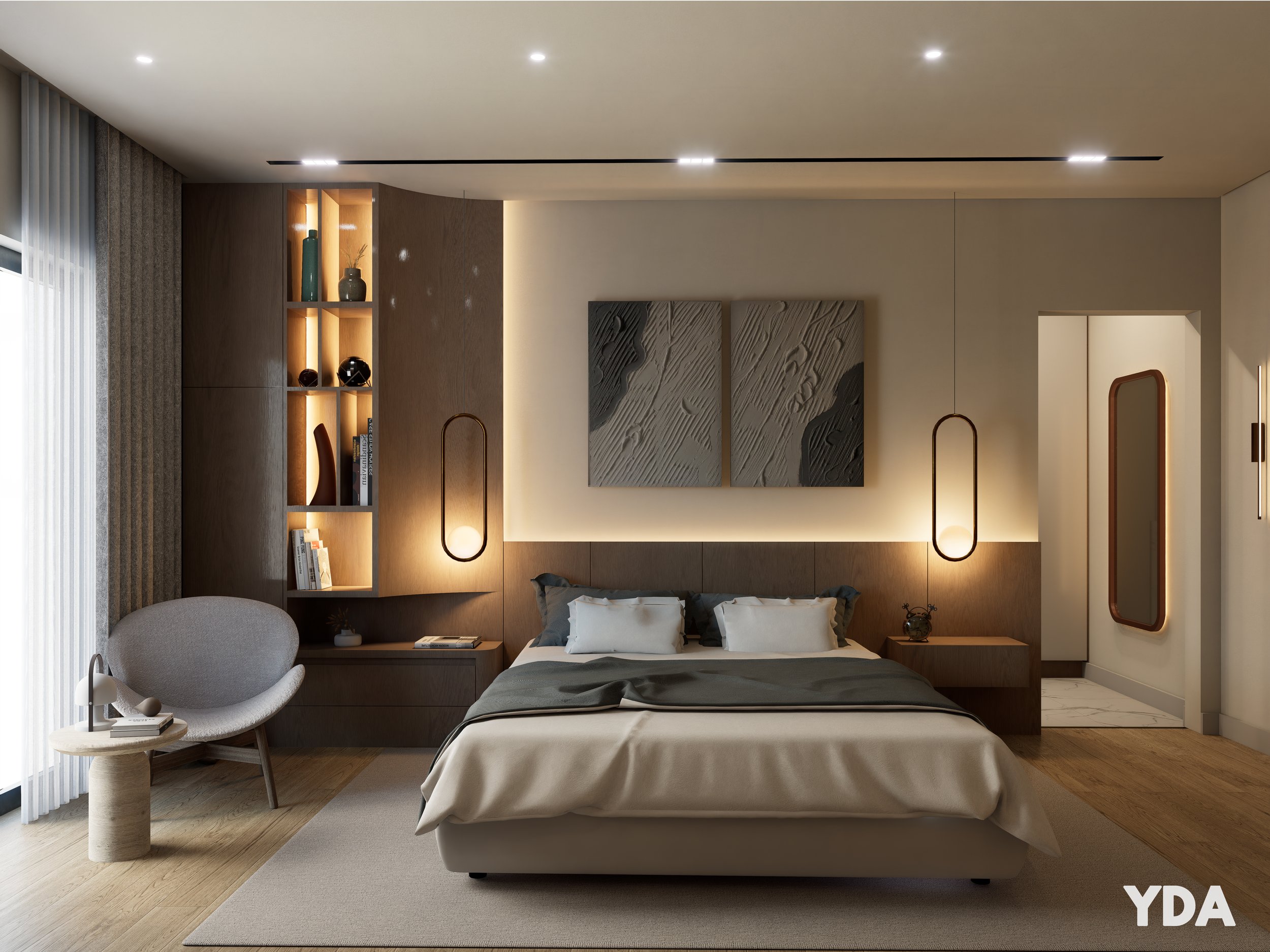 Modern bedroom with a large bed, wooden headboard, abstract wall art, hanging pendant lights, side tables, armchair, and a window with sheer curtains.