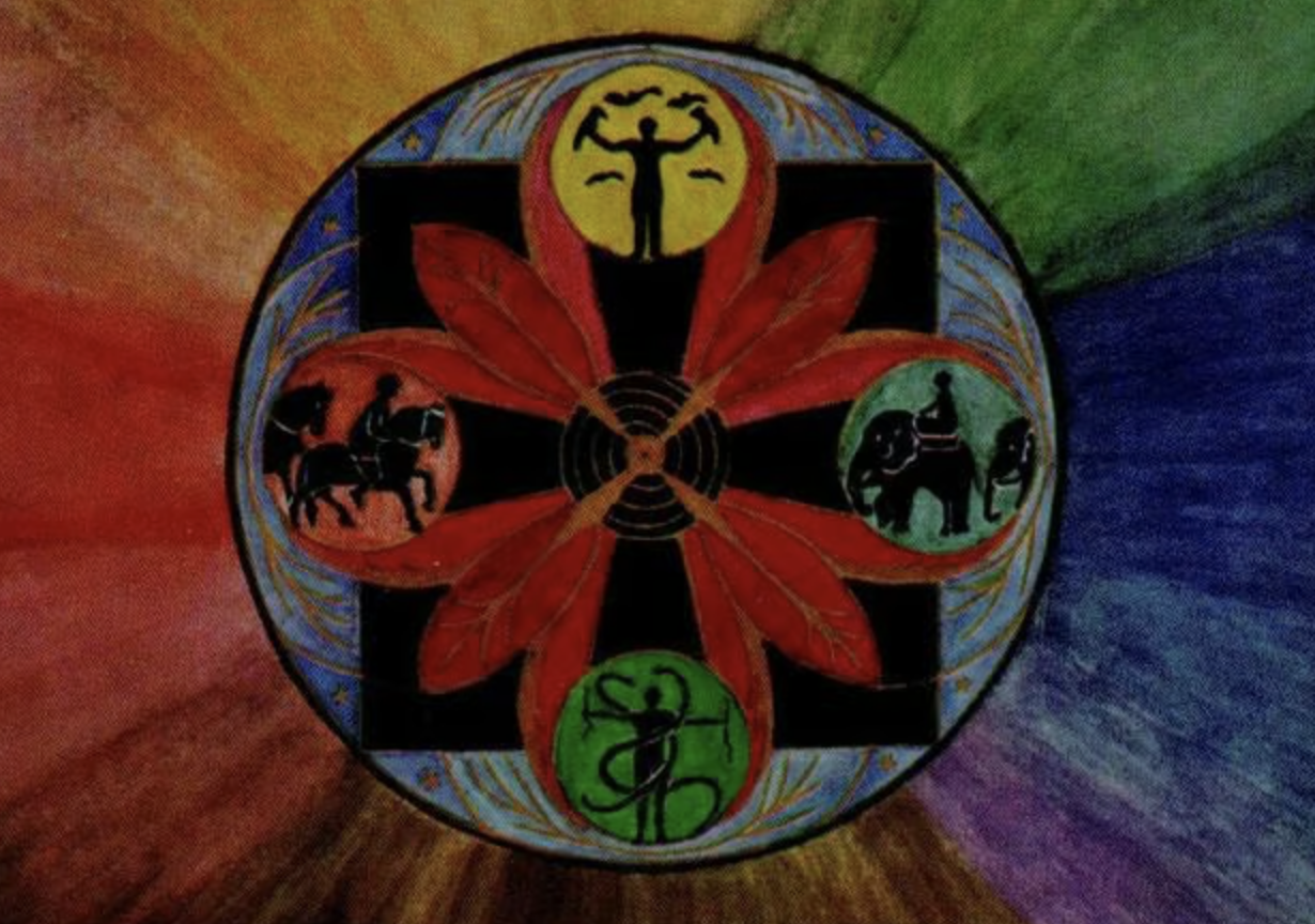 Une peinture circulaire avec un fond multicolore, comprenant un symbole central, quatre symboles autour, et un motif floral rouge au centre.