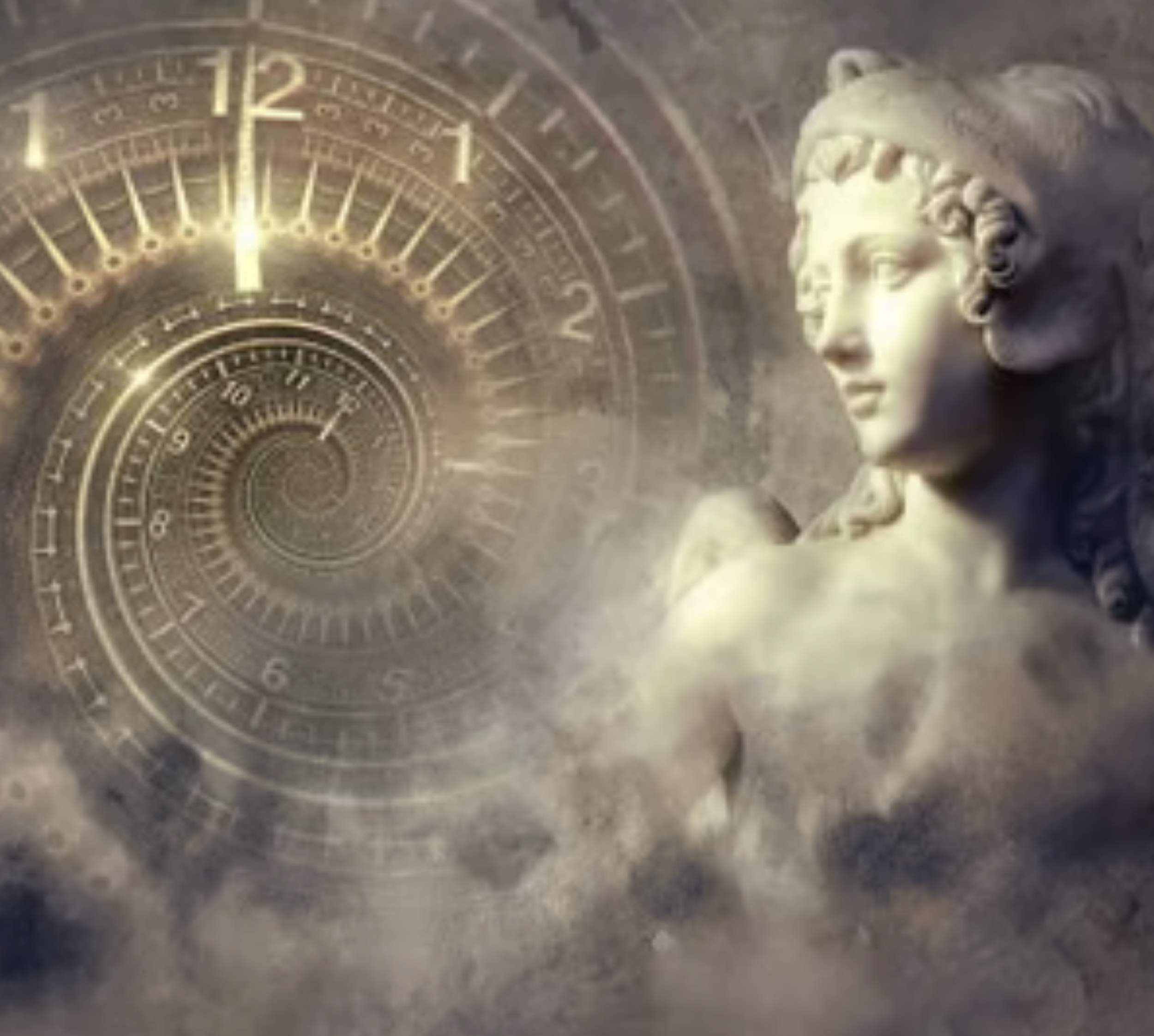 Une image représentant un visage de sculpture antique grecque, une horloge dorée stylisée et un fond de nuages et d'effets lumineux.