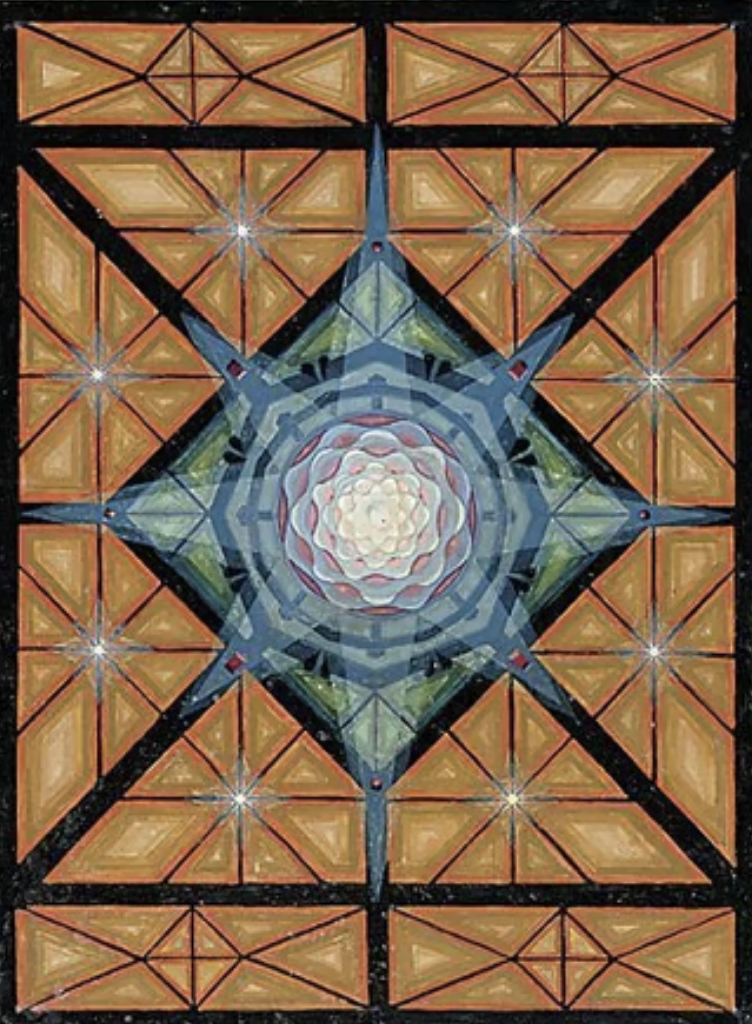 Un motif géométrique abstrait avec un centre en forme de fleur ou de rosace, entouré de formes triangulaires orange et de lignes noires, avec un fond noir et des étoiles brillantes.