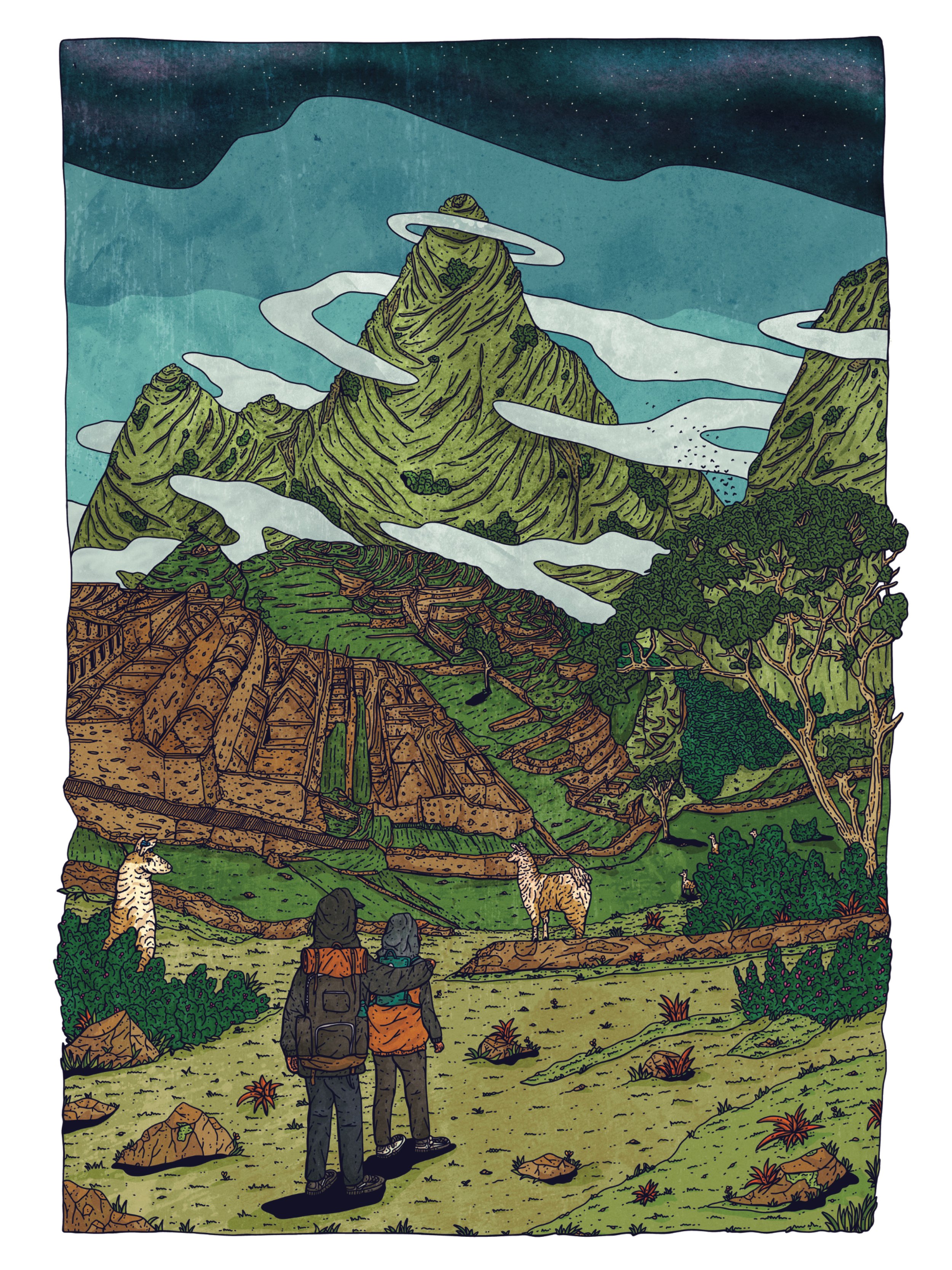 Machu Picchu; commemorating a couples trip to Peru, referencing their style and featuring alpacas amongst the iconic site of Machu Picchu