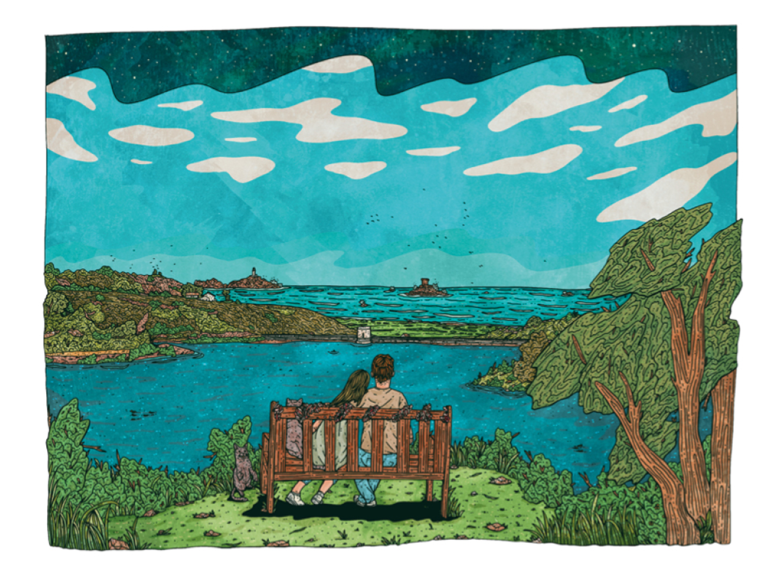 Val De La Mare; to commemorate a couples engagement, featuring their cats and tinsel on the bench overlooking the reservoir. 