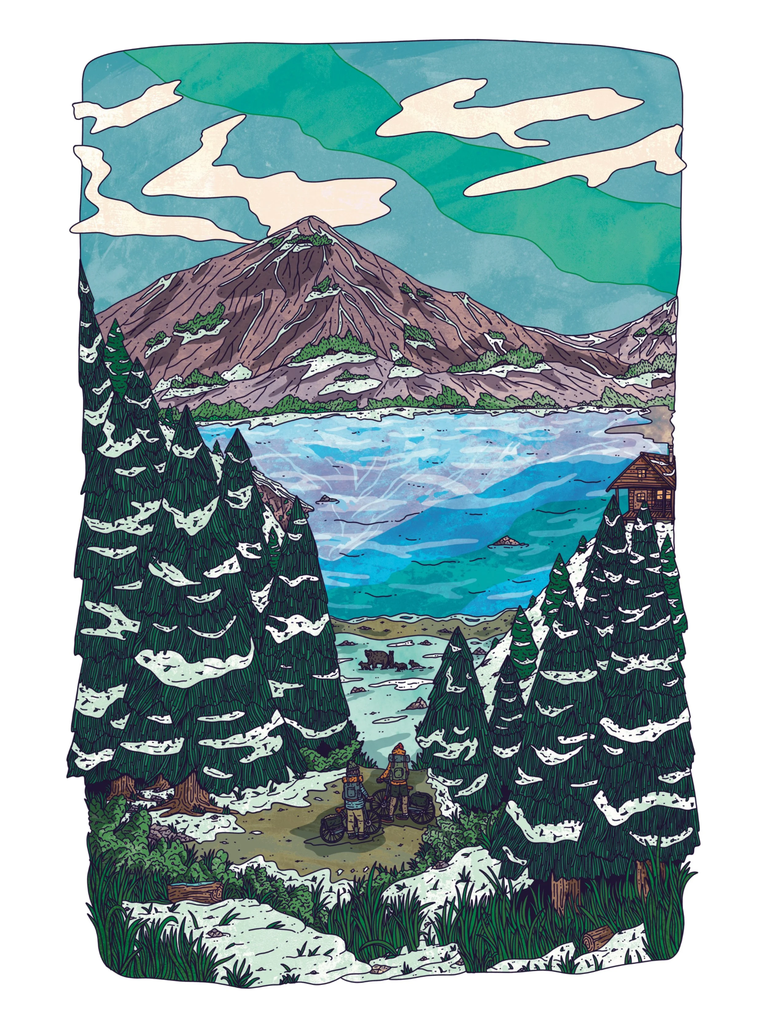 Whistler, inspired by a couples travels around Canada; featuring bikes, a wooden cabin, wildlife and a picturesque mountain view.