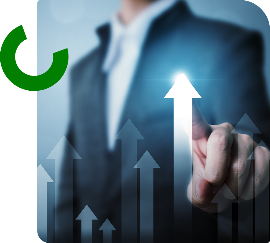 Person in formal attire touching a glowing upward arrow on a virtual screen, with other upward arrows and green chart elements in the background, symbolizing growth or progress.
