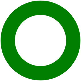 A green circle with a black center on a black background.