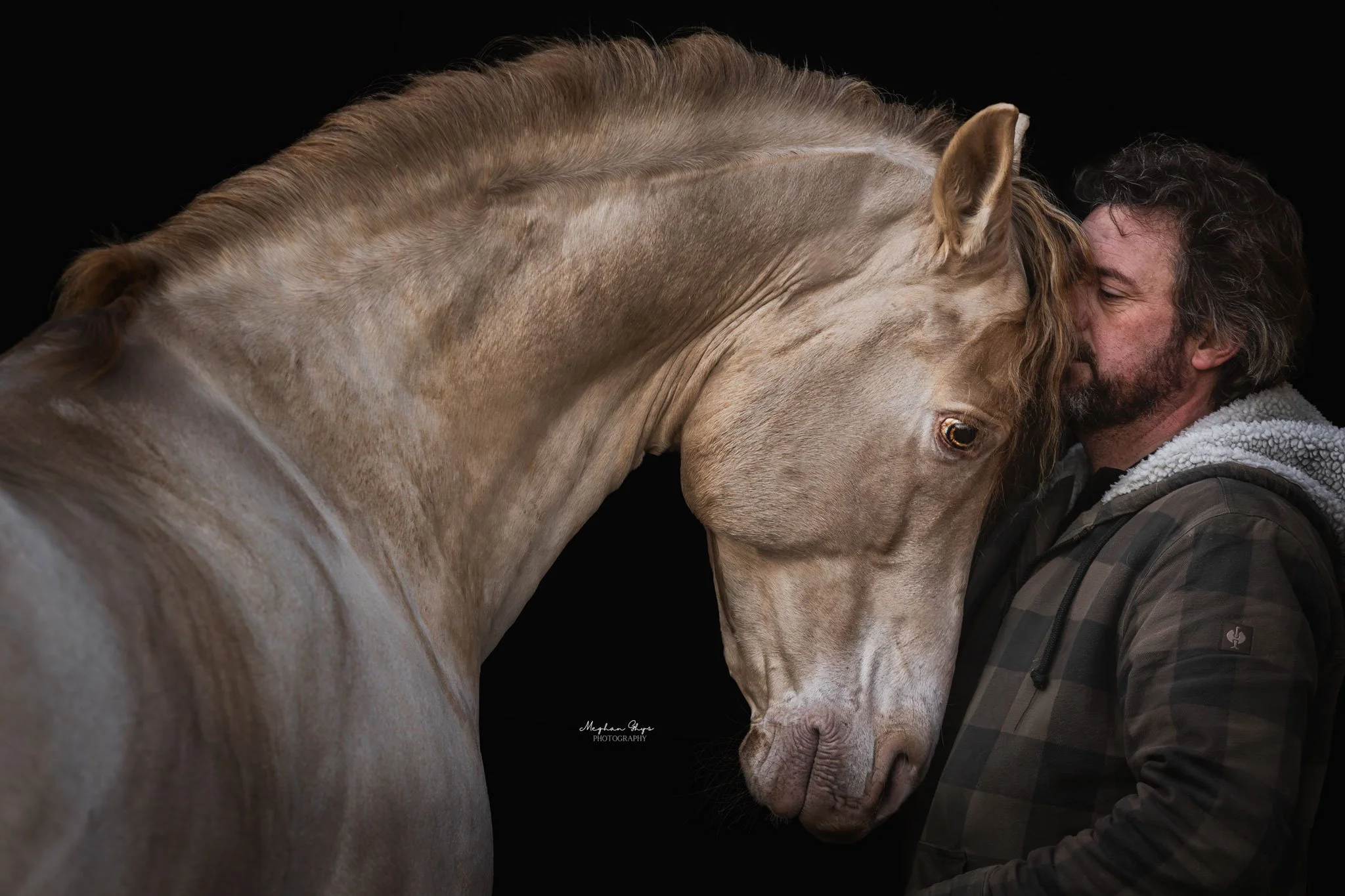 Man die een paard aait en knuffelt, beide hebben hun hoofd tegen elkaar, zwarte achtergrond.