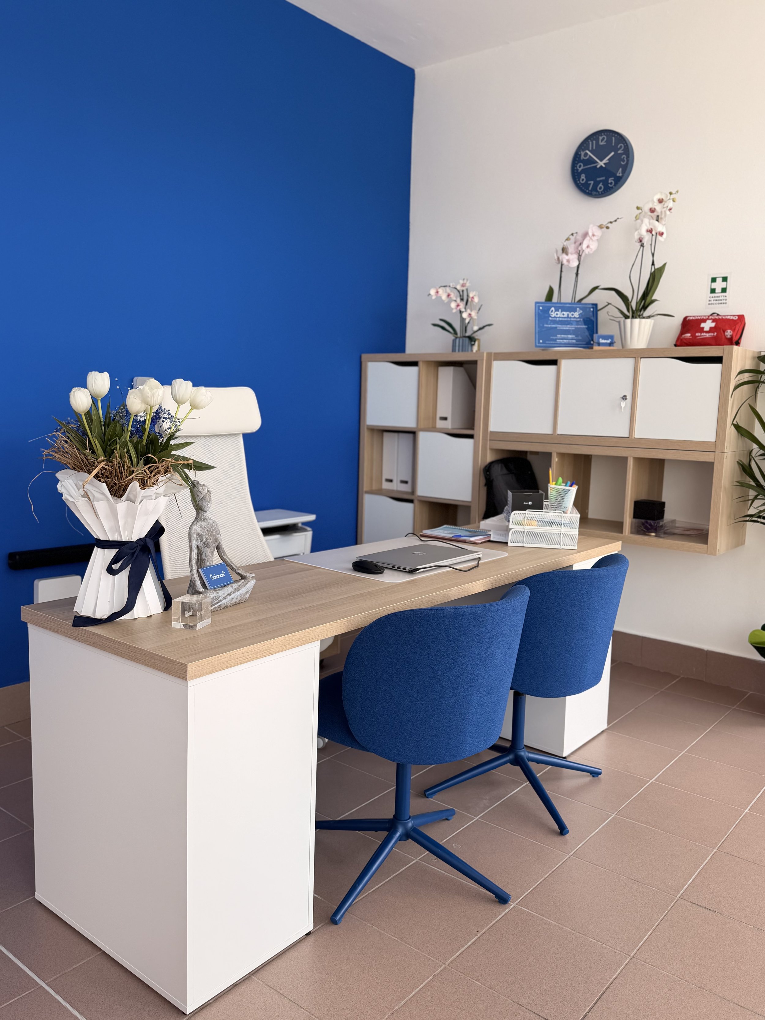 Ufficio con scrivania, due sedie blu, scaffale con documenti, orquidee e altri oggetti, pareti in bianco e blu, orologio e piante.