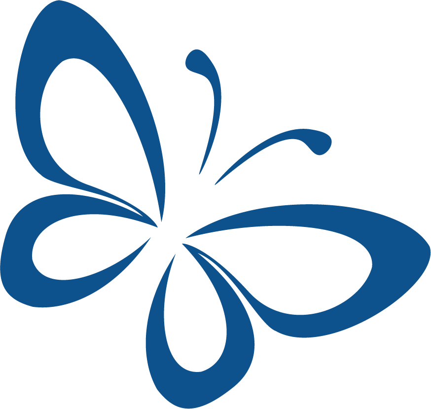 Disegno stilizzato di una farfalla di colore blu su sfondo nero.