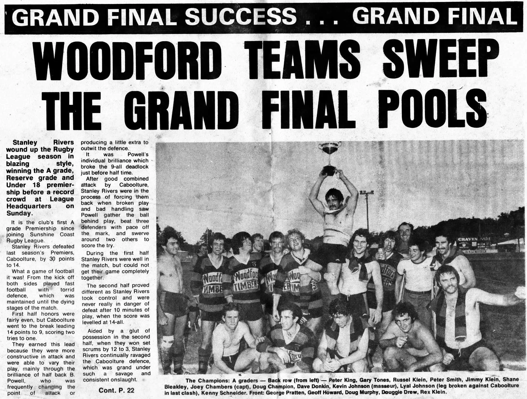 Black and white newspaper headline reading 'Woodford Teams Sweep the Grand Final Pools'. Photo of a rugby team celebrating, with some players kneeling in front and a player standing behind, holding a trophy above his head in celebration. The caption lists the team members and their positions.