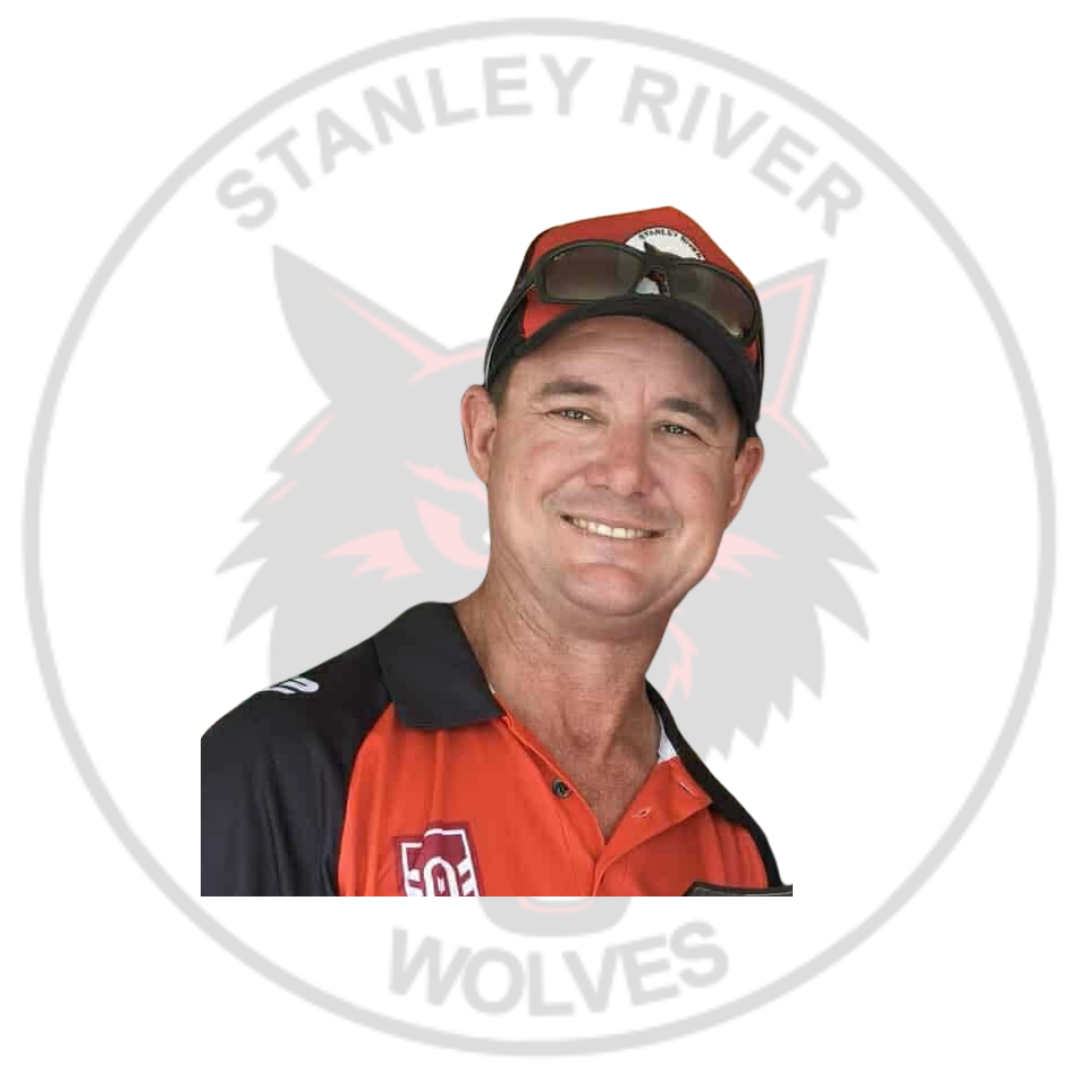 A smiling man in a red and black sports jersey with a logo, wearing a cap and sunglasses, standing in front of a circular emblem for the Stanley River Wolves team, with a wolf graphic and team name.