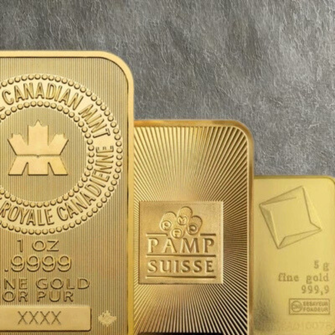 Close-up of three gold bars with embossed markings including 'Canadian Mint', '1 oz', '999.9', and 'PAMP Suisse' on the bars.