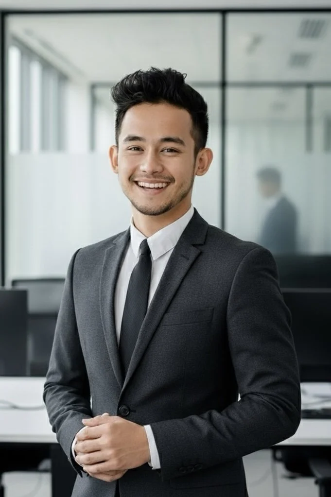 Young man in a dark gray suit, white shirt, and black tie, smiling confidently in an office.