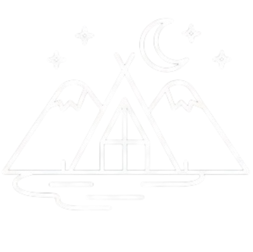 Neon sign of a tent with mountains, moon, and stars.