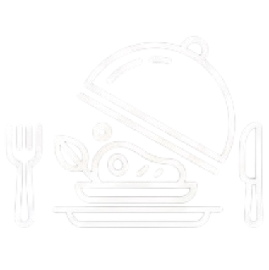 A plate with a dome-shaped food cover, a fork on the left, and a knife on the right, with a burger underneath the cover.