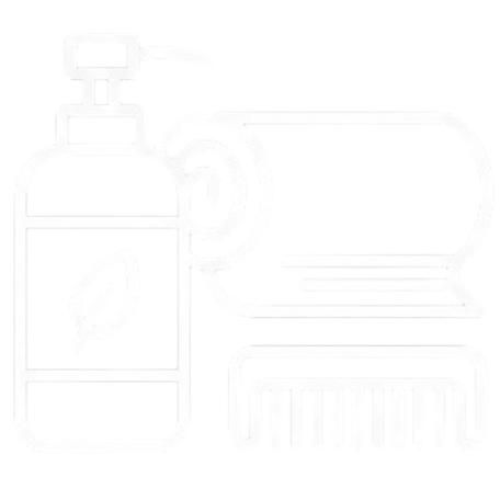 Outline drawing of various bottles and a brush.