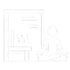 Line drawing of a person cooking on a stove with steam, in a kitchen setting.